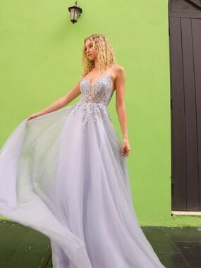 Nox Annabel Elegant Silver Lace Appliqué A-Line Evening Dress